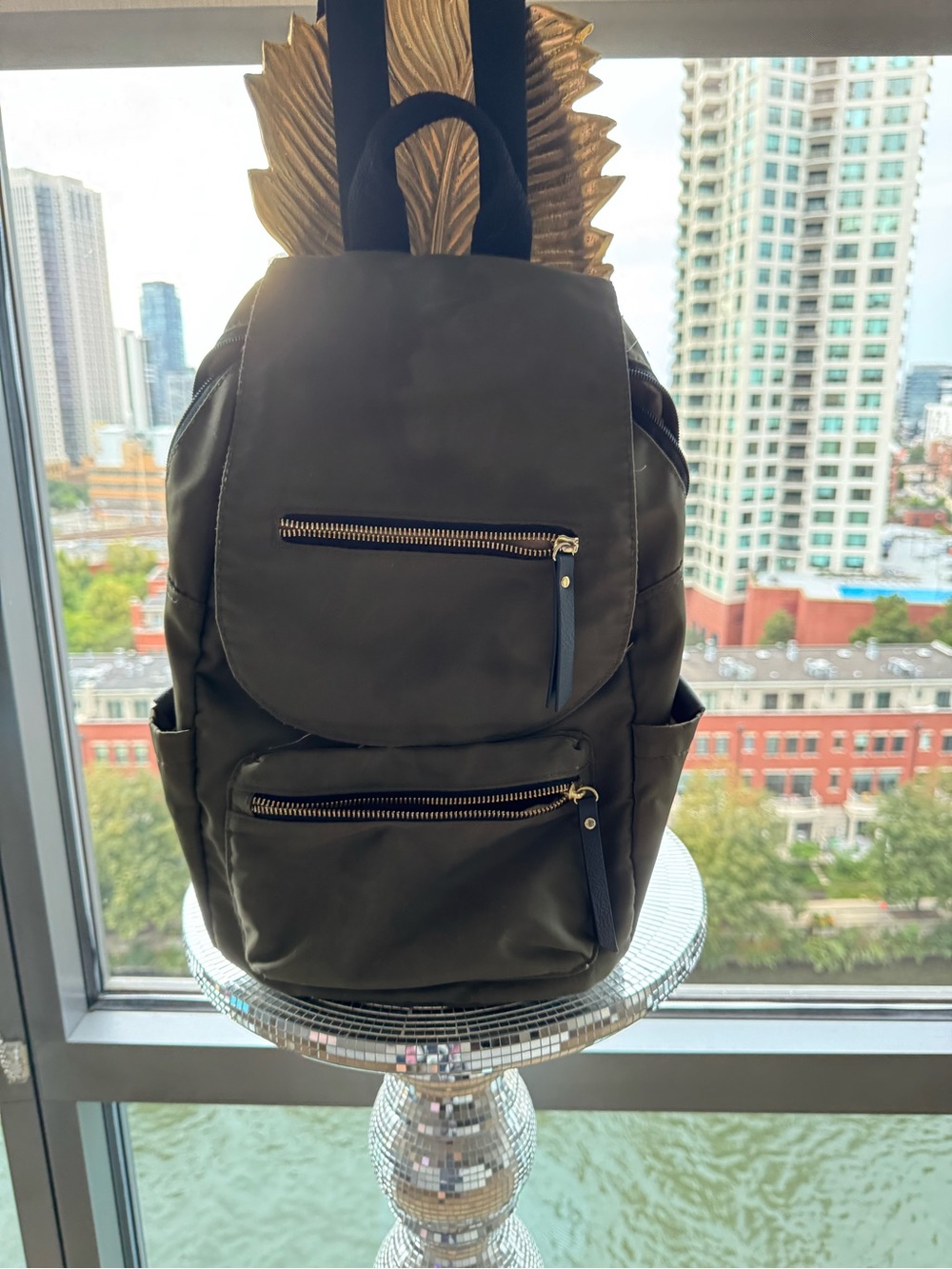 Madden Girl Olive Green Nylon Backpack with Gold Zippers